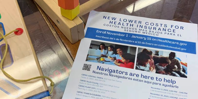 Flyer about new lower costs for health insurance with enrollment details.