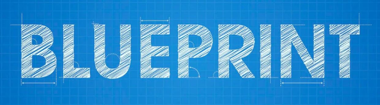 The word BLUEPRINT sketched on a blue graph paper background.