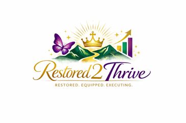 Logo with a crown, mountain, butterfly, and upward graph symbolizing growth and restoration.