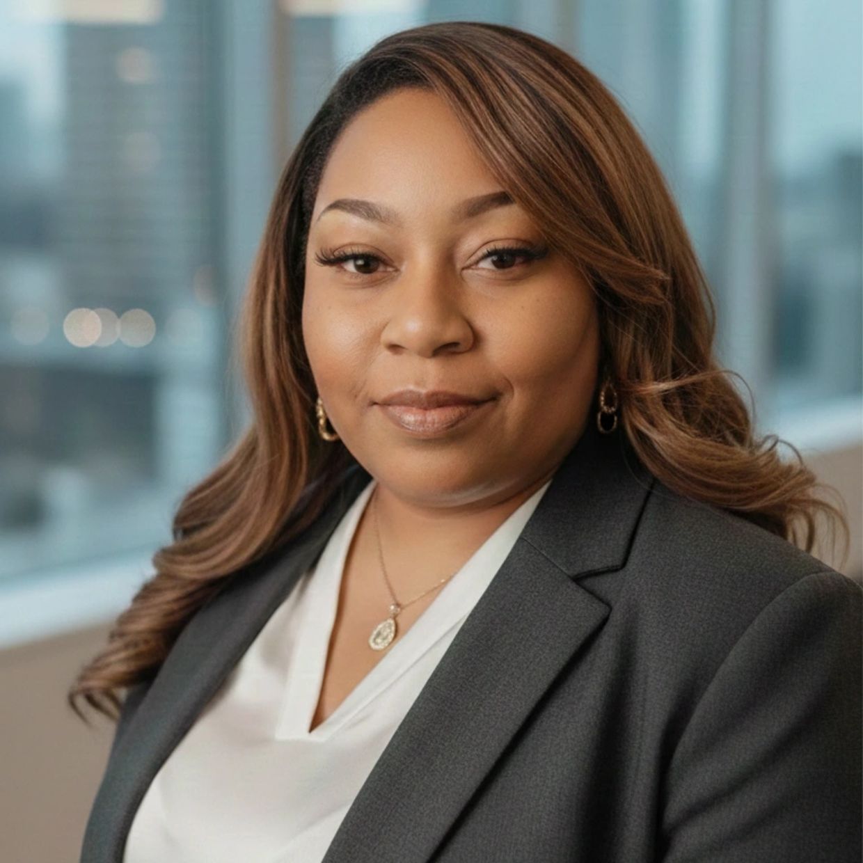 Professional woman in business attire poses confidently with a cityscape backdrop.