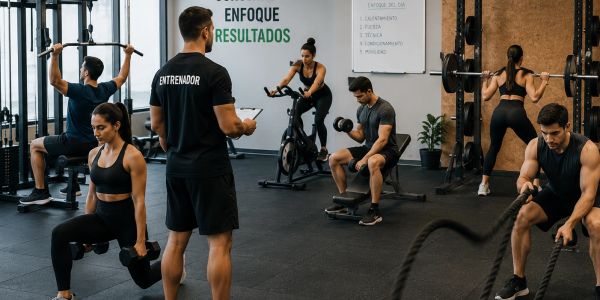 Entrenamiento en gimnasio con entrenador y personas ejercitándose.