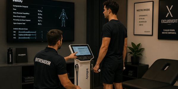Entrenador y cliente usando máquina InBody en gimnasio.