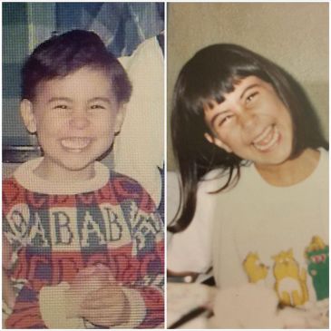 Two smiling children in vintage-style photos wearing colorful sweaters.