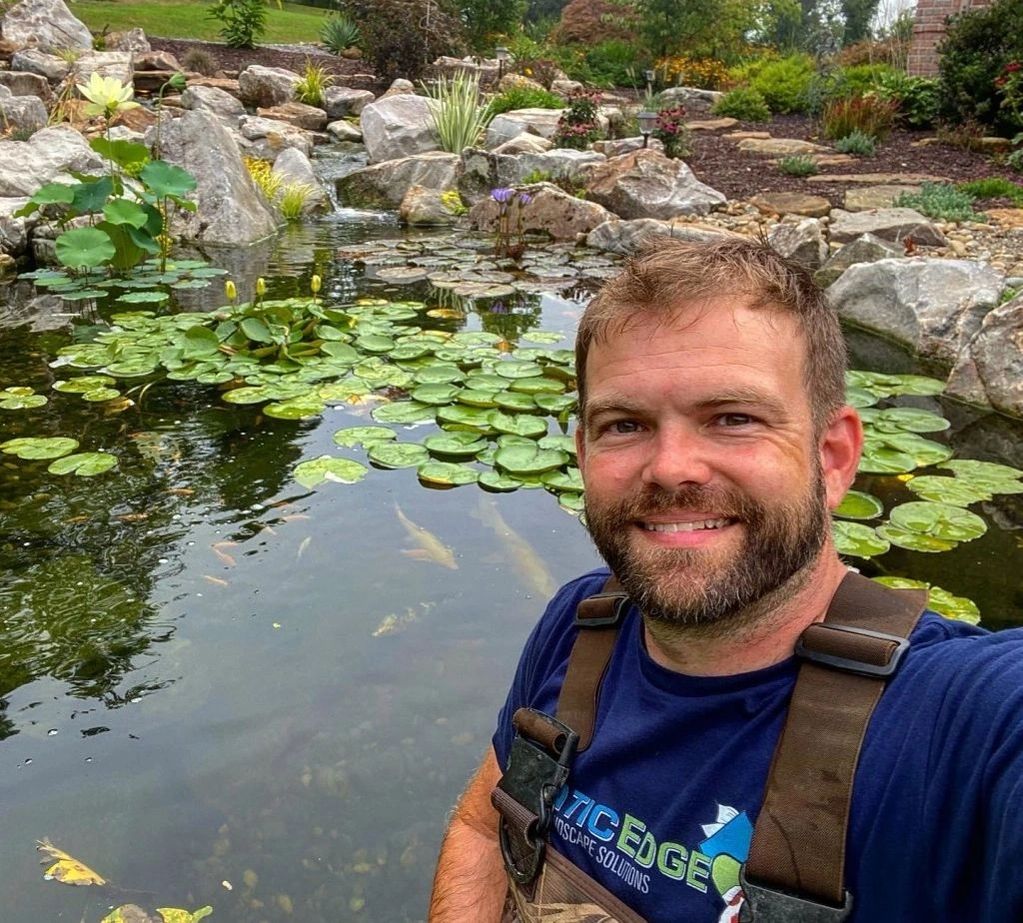 Tim Wood standing in a koi pond with fish and plants