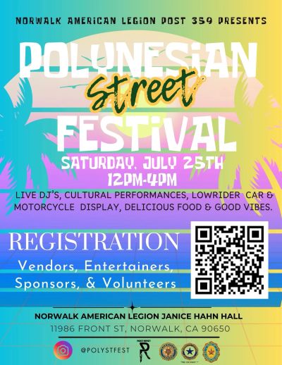 Polynesian Street Festival event flyer with date, time, and location details.