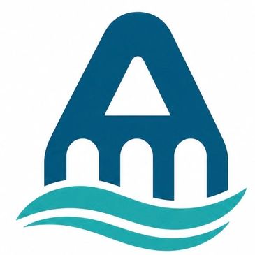 Abstract logo with a blue 'A' and teal waves below.