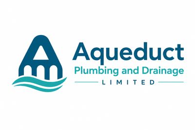Logo for Aqueduct Plumbing and Drainage Limited featuring a stylized aqueduct with water waves.