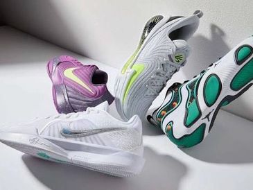 Three colorful athletic shoes displayed with vibrant designs and logos.