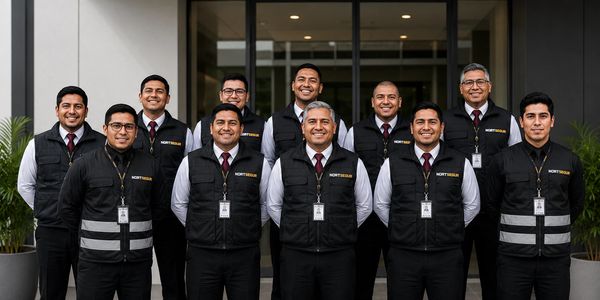 Grupo de 11 hombres con uniforme de seguridad sonrientes frente a un edificio.