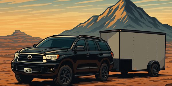 Black SUV towing a trailer in a desert with mountains at sunset.