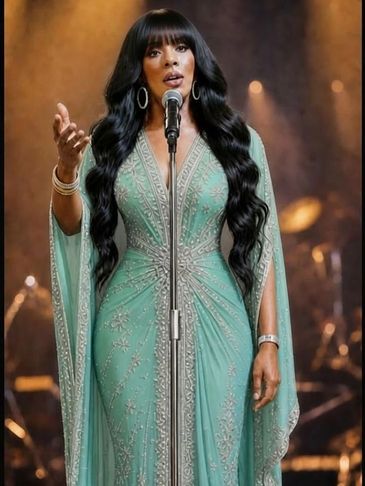 Woman singing on stage in elegant green dress.