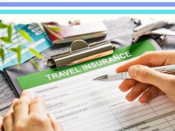 Person filling out a travel insurance form with a pen.