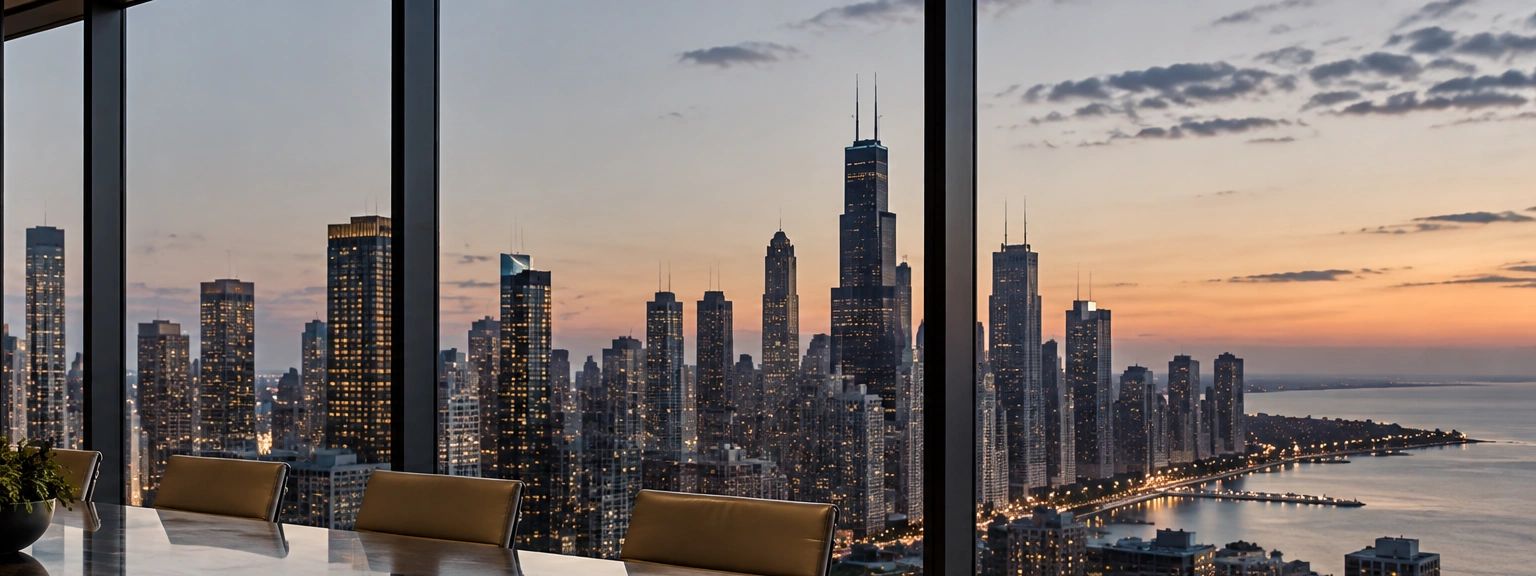 City skyline at dusk viewed from an office with a glass window.