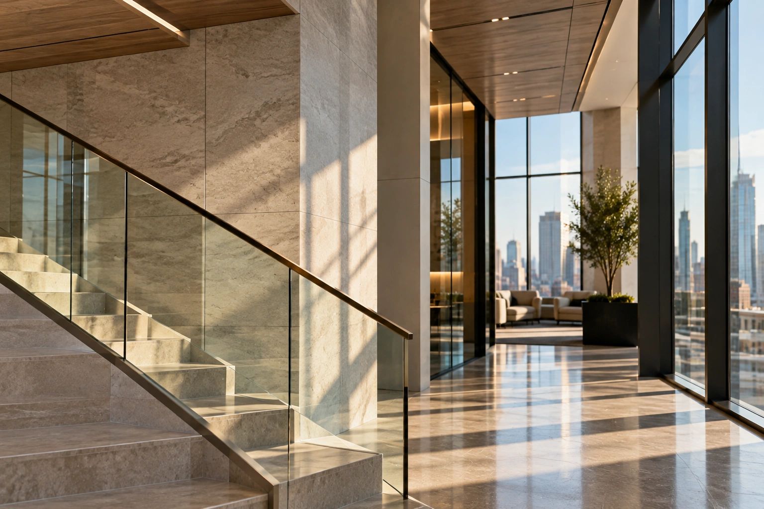 Modern lobby with marble stairs and city view.