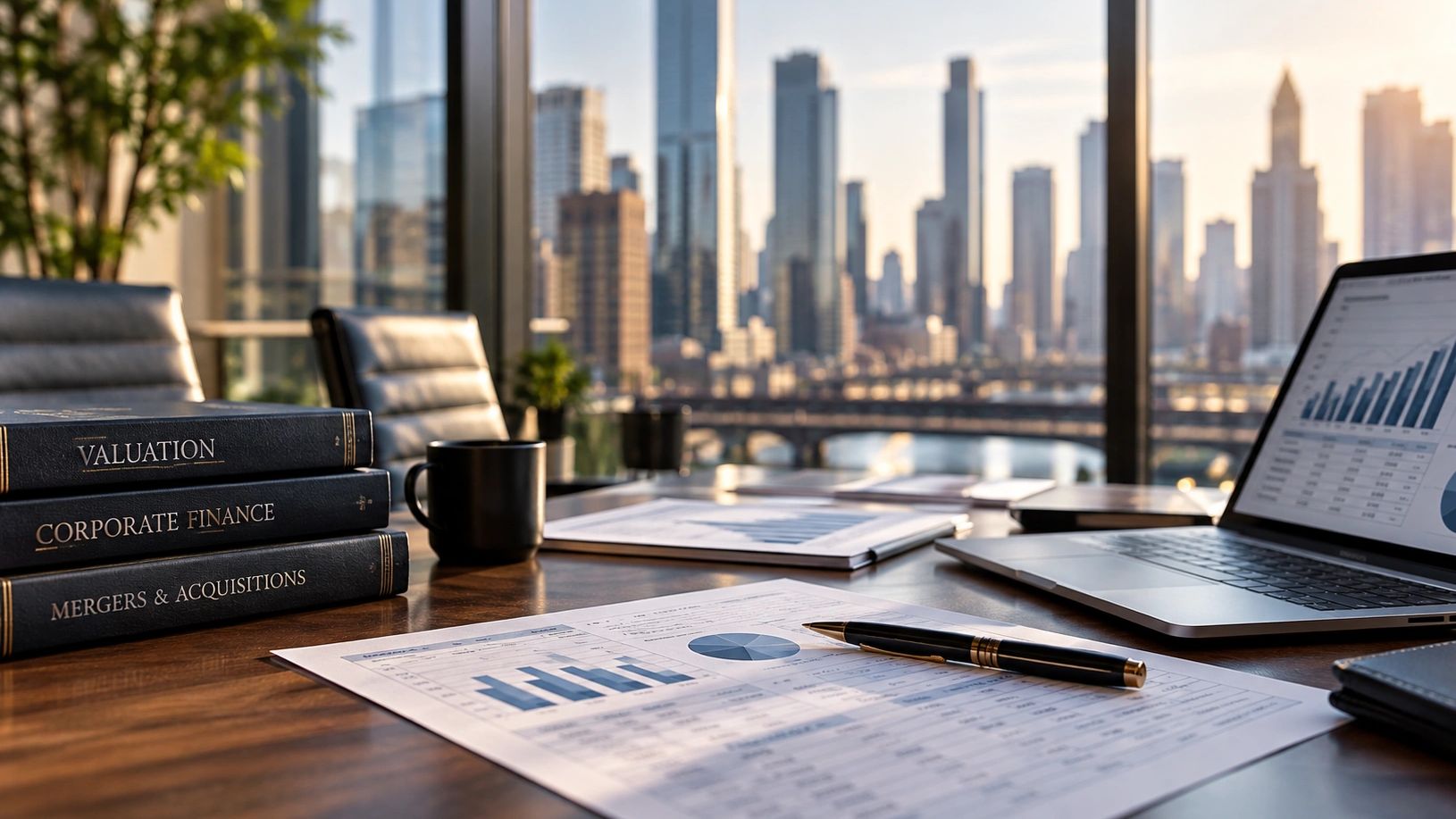 Office desk with finance books, documents, and a laptop with city skyline.