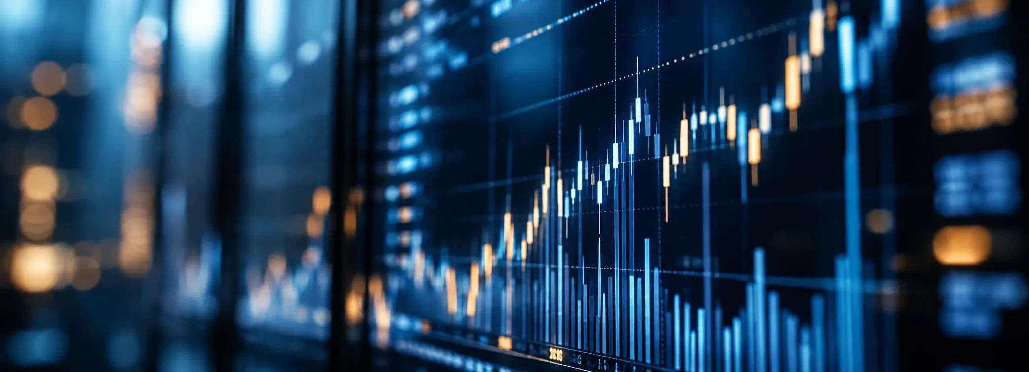 Digital stock market chart with candlesticks and bar graphs.