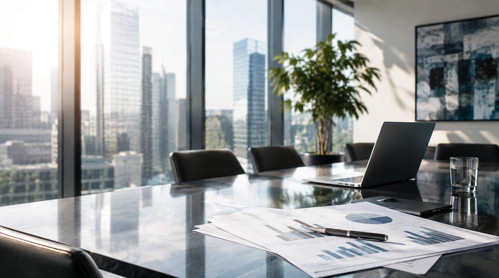 Modern office meeting room with view and documents.