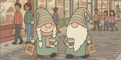 Two whimsical gnomes holding coffee and shopping bags in a lively street scene.