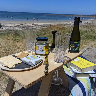 image of beachside picnic with cheese on picnic table with wine