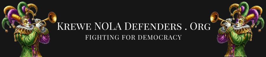 Banner with jesters and text for Krewe NOLA Defenders advocating democracy.