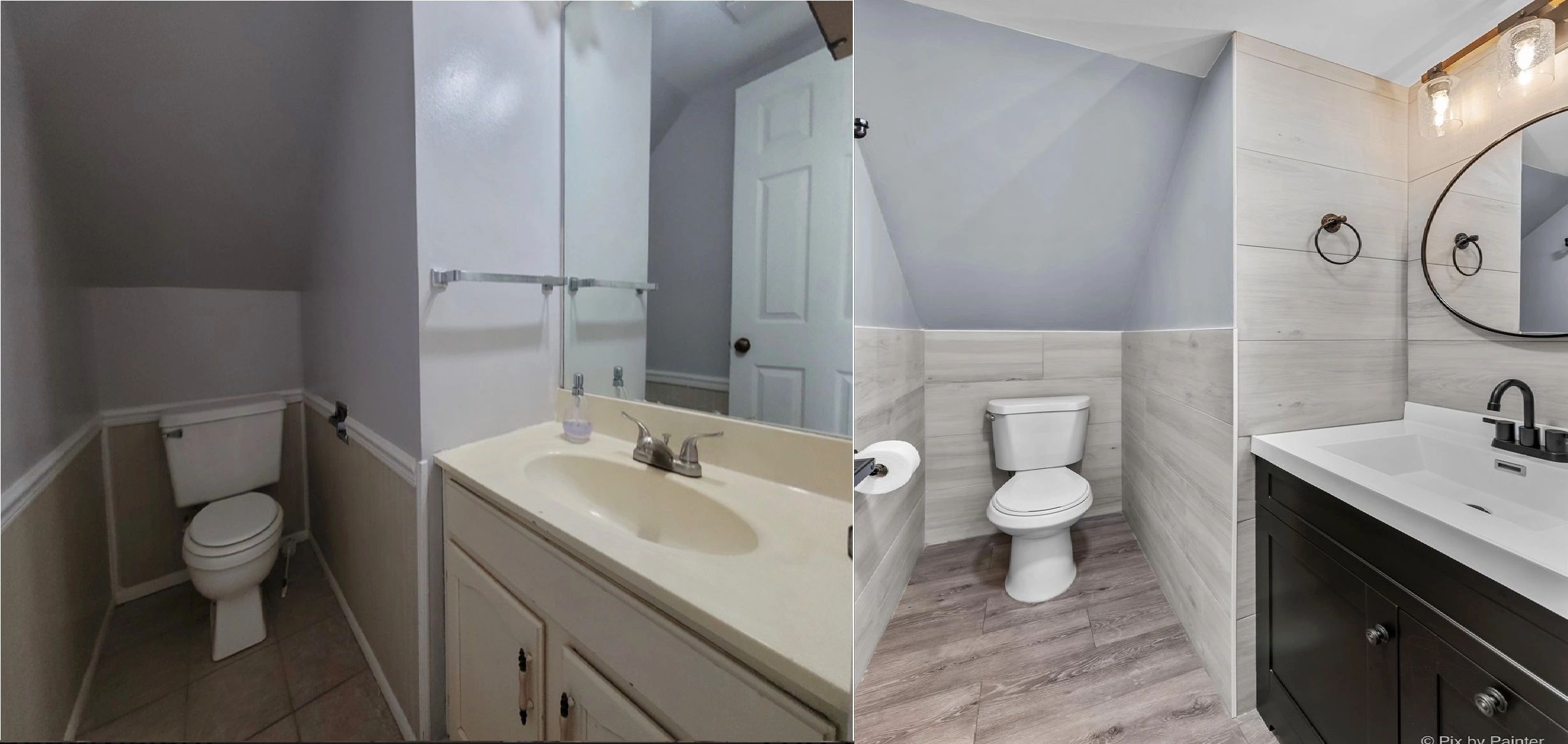 Bathroom remodel, large tile on walls, new floor, black vanity, modern farmhouse, round mirror
