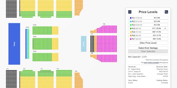 Seating chart with price levels and color-coded sections for an event.