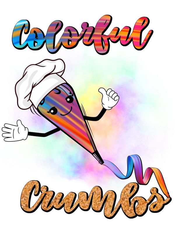 A colorful, smiling piping bag character with a chef hat and the text 'Colorful Crumbs'.