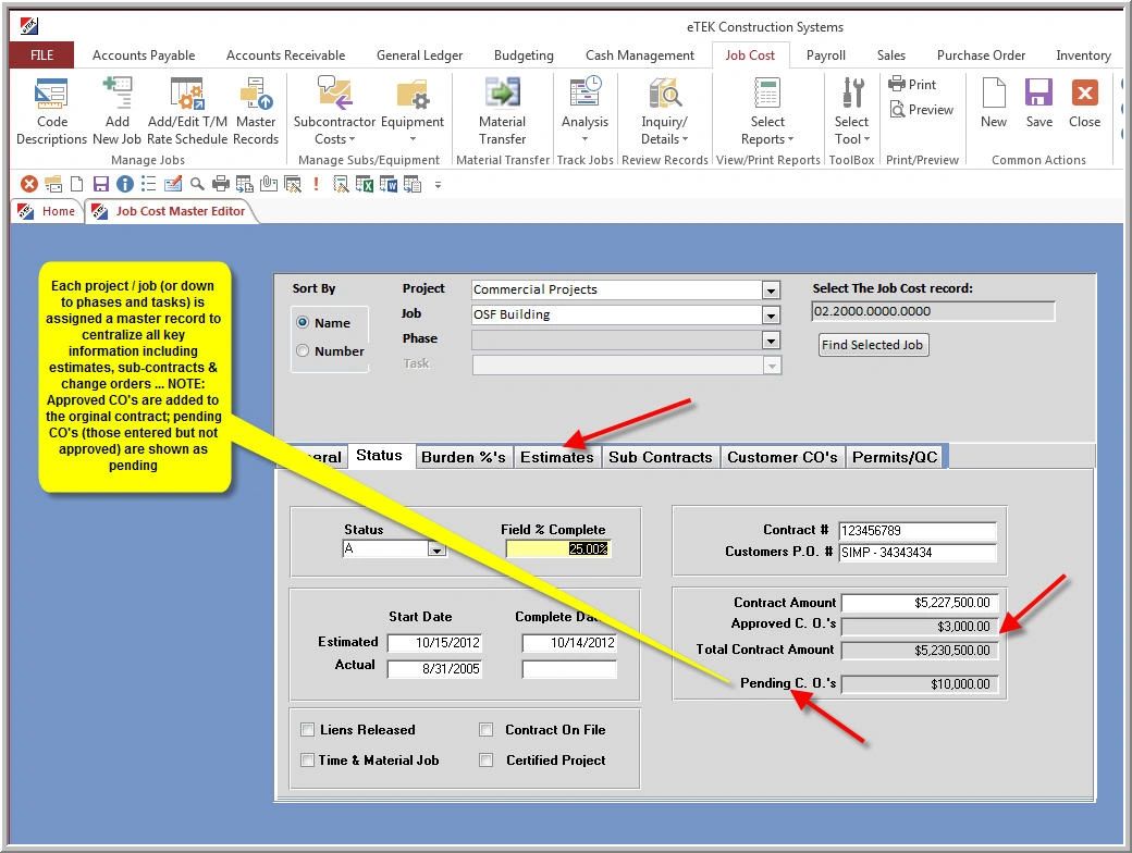 screen shot of etek online screen showing pending change orders