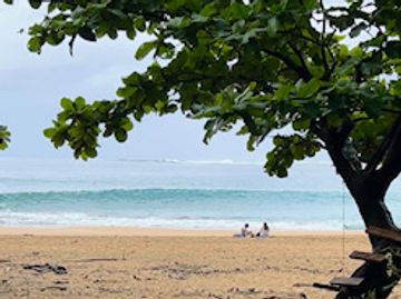 Haena Beach park, beach goers relaxing on the sand. Turquois ocean water. 