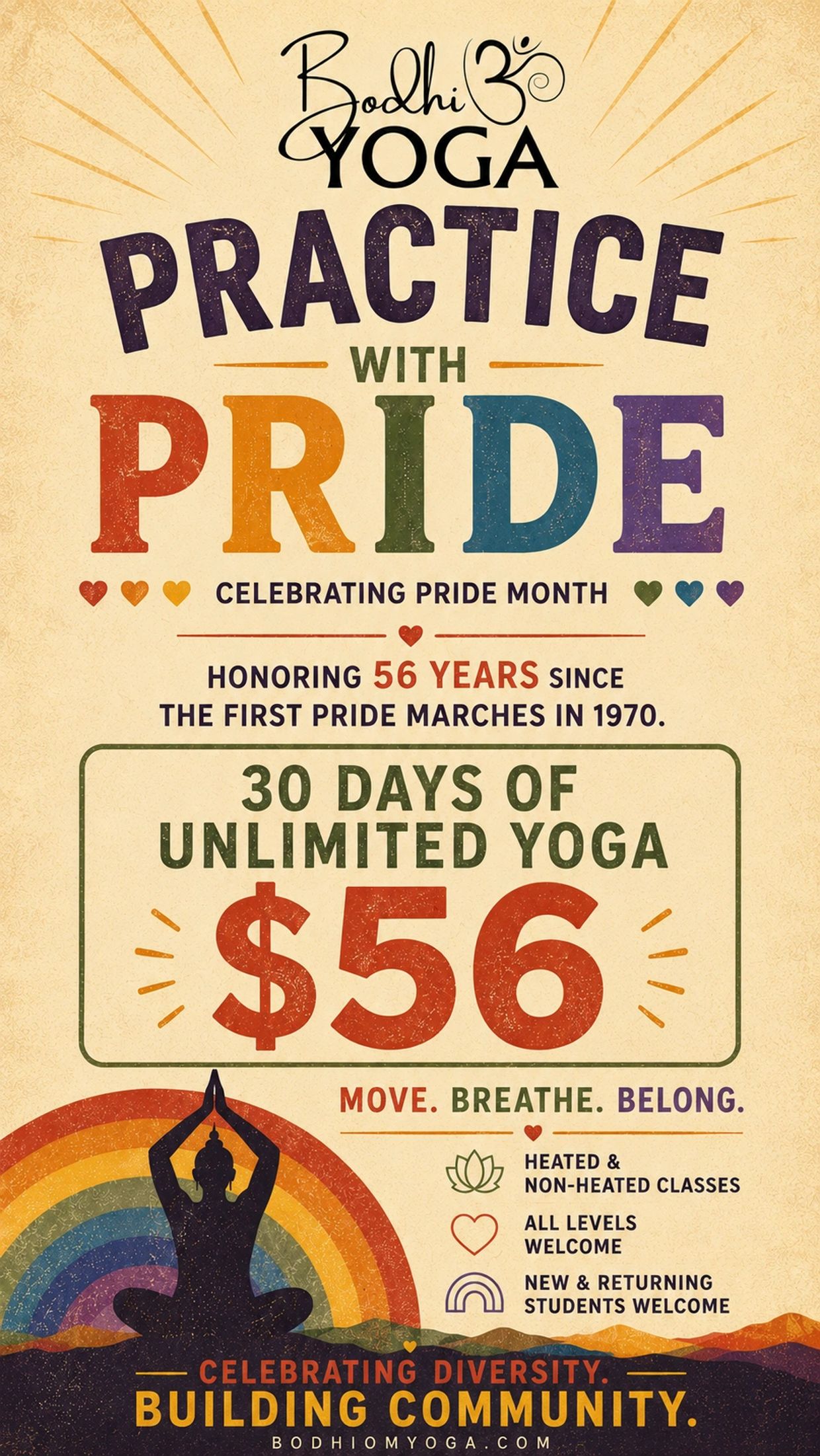 Yoga practice celebrating Pride Month with a $56 unlimited offer.