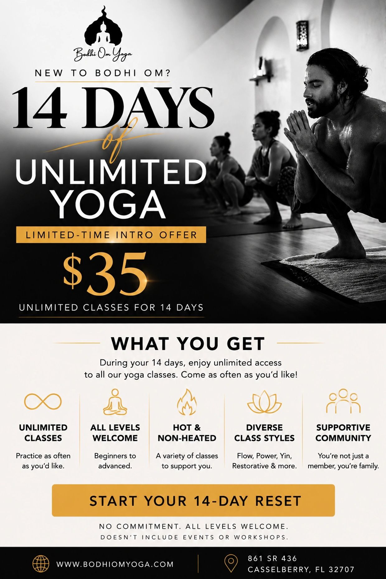 14 days of unlimited yoga classes for $35 at Bodhi Om Yoga.
