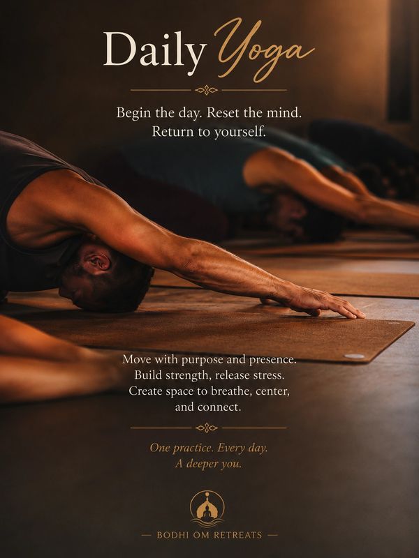 People practicing yoga with a motivational message about daily practice.