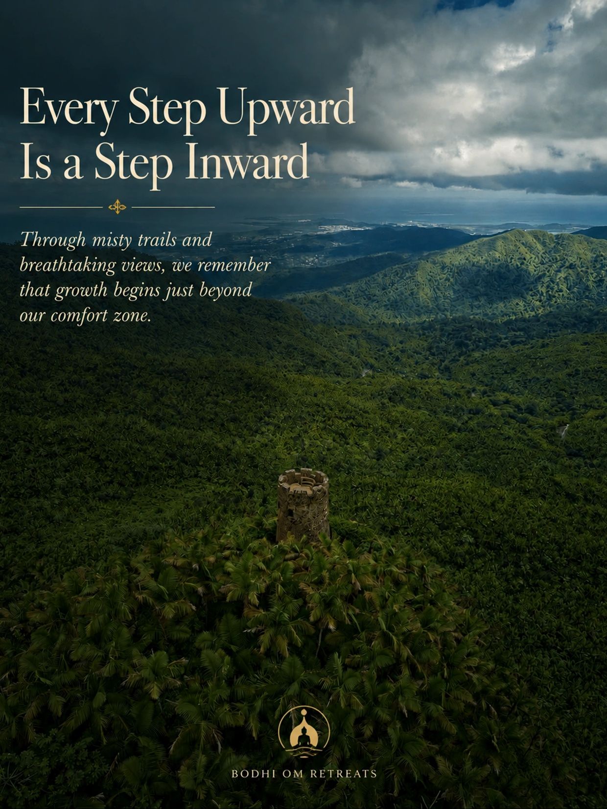 Misty mountain view with an inspirational quote about growth and comfort zones.