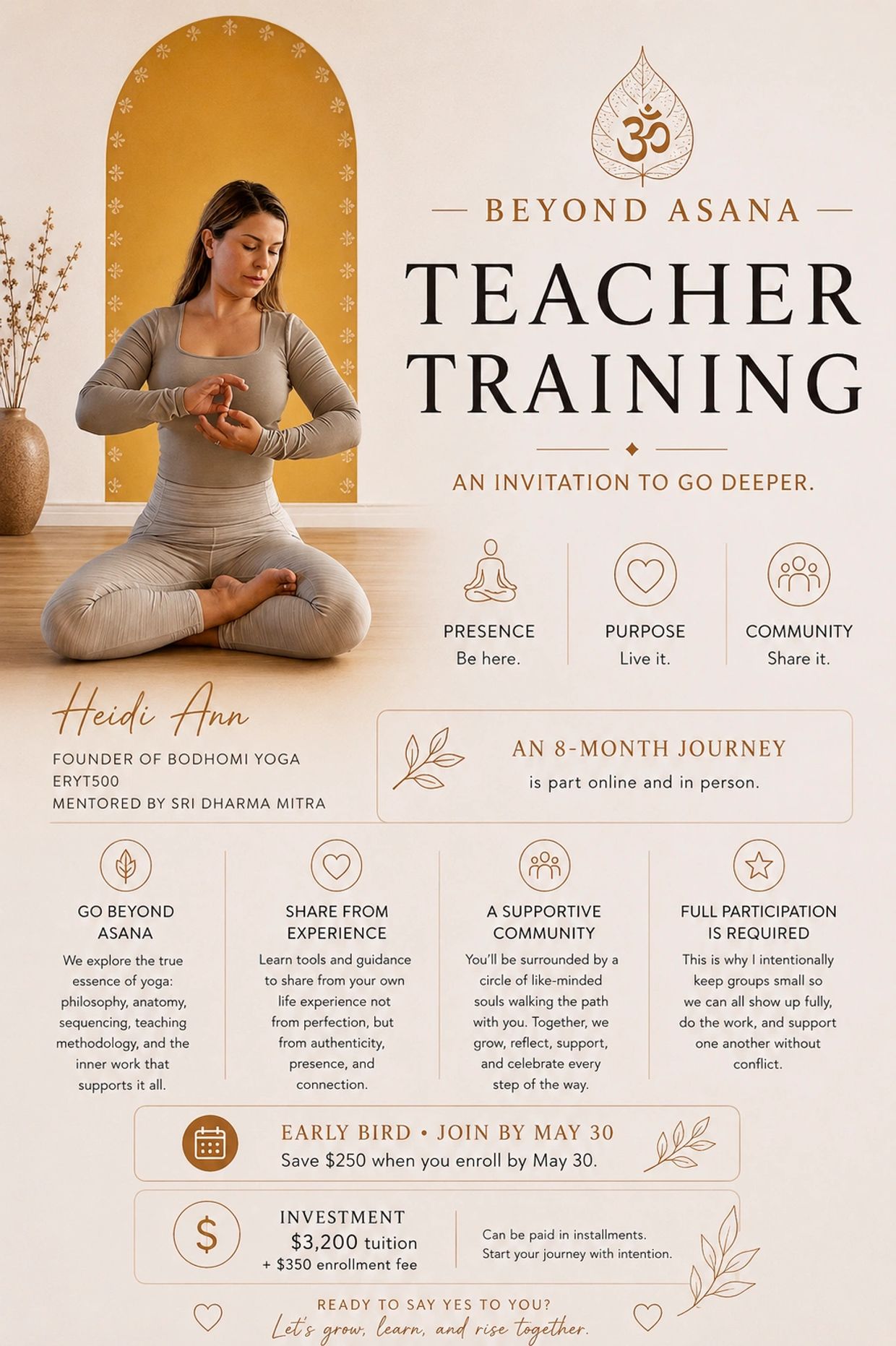 Yoga teacher training program invitation with a woman meditating in a serene setting.