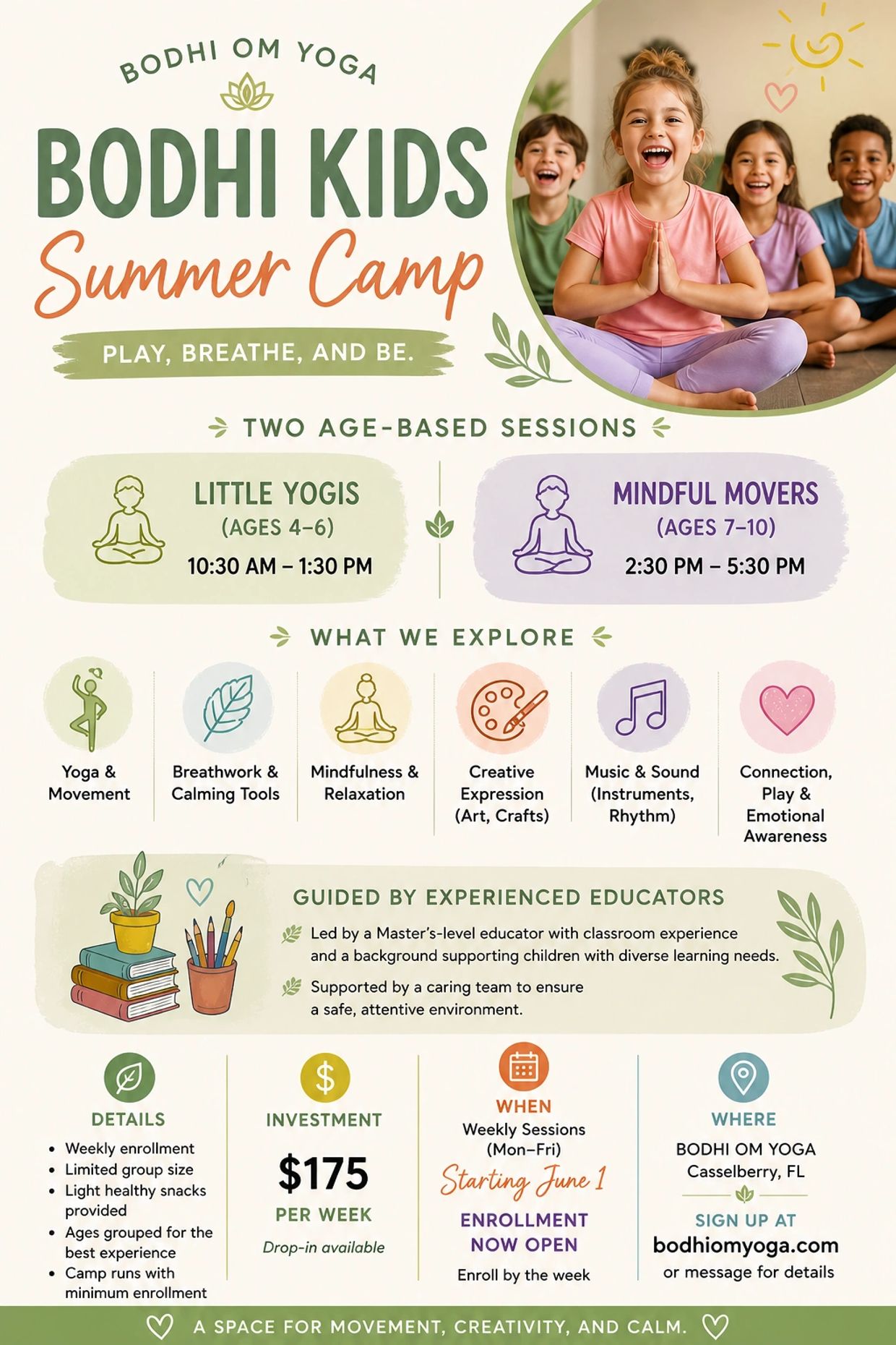 Bodhi Kids Summer Camp offers yoga, mindfulness, and creative activities for children ages 4-10 in Casselberry, FL.