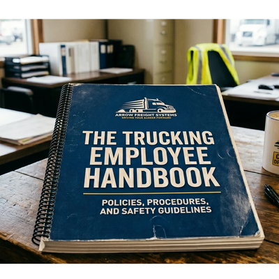 A trucking employee handbook on a desk in an office setting.