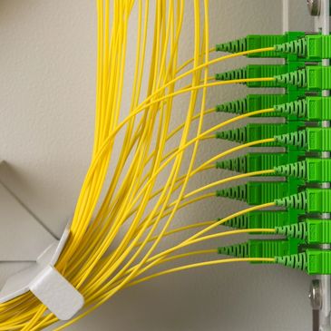Yellow fiber optic cables connected to green ports.