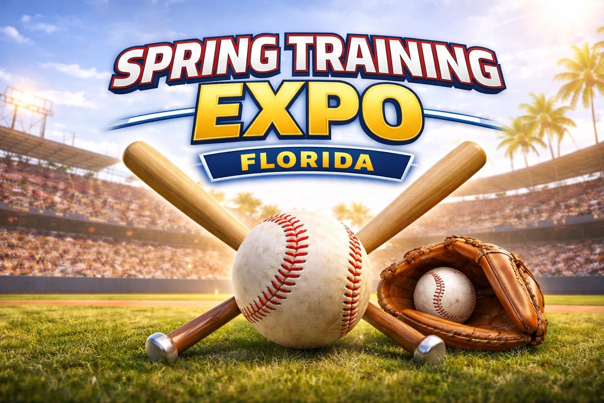 Baseball bats, balls, and glove in a stadium for Spring Training Expo Florida.