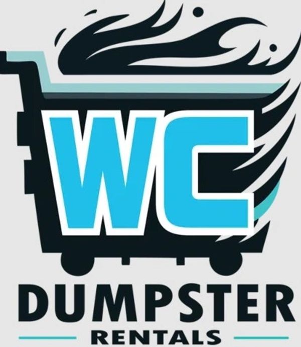 Logo for WC Dumpster Rentals with a dumpster and flames design.