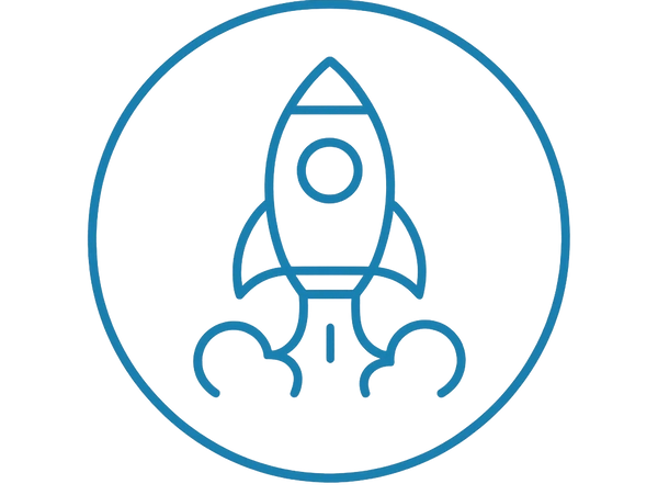 Blue icon of a rocket launching inside a circle.