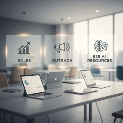 Modern office setup with laptops and digital icons for sales, outreach, and B2B AI resources.