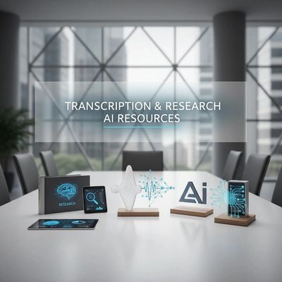 Futuristic AI-themed displays on a conference table with transcription and research focus.