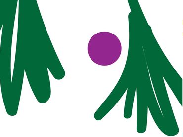 Abstract green shapes with a single purple circle on white background.