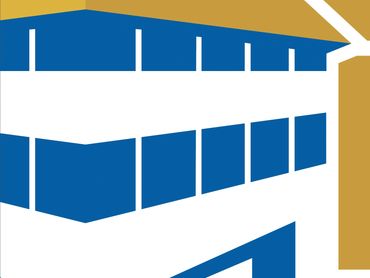 Abstract geometric design with blue, white, and gold shapes.