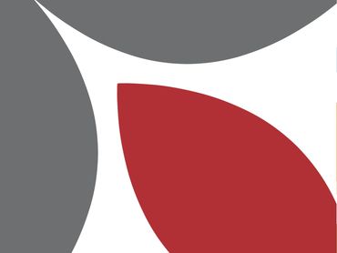 Abstract geometric design with red and gray curved shapes on a white background.