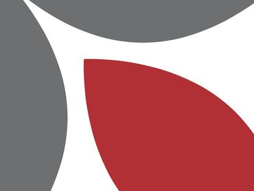 Abstract geometric design with red and gray curved shapes on a white background.