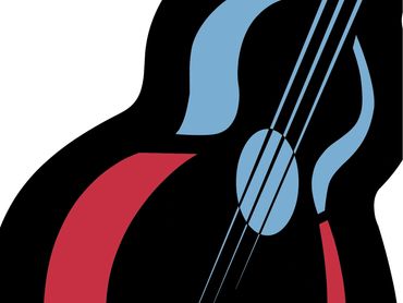 Abstract guitar illustration with black, red, and blue shapes.