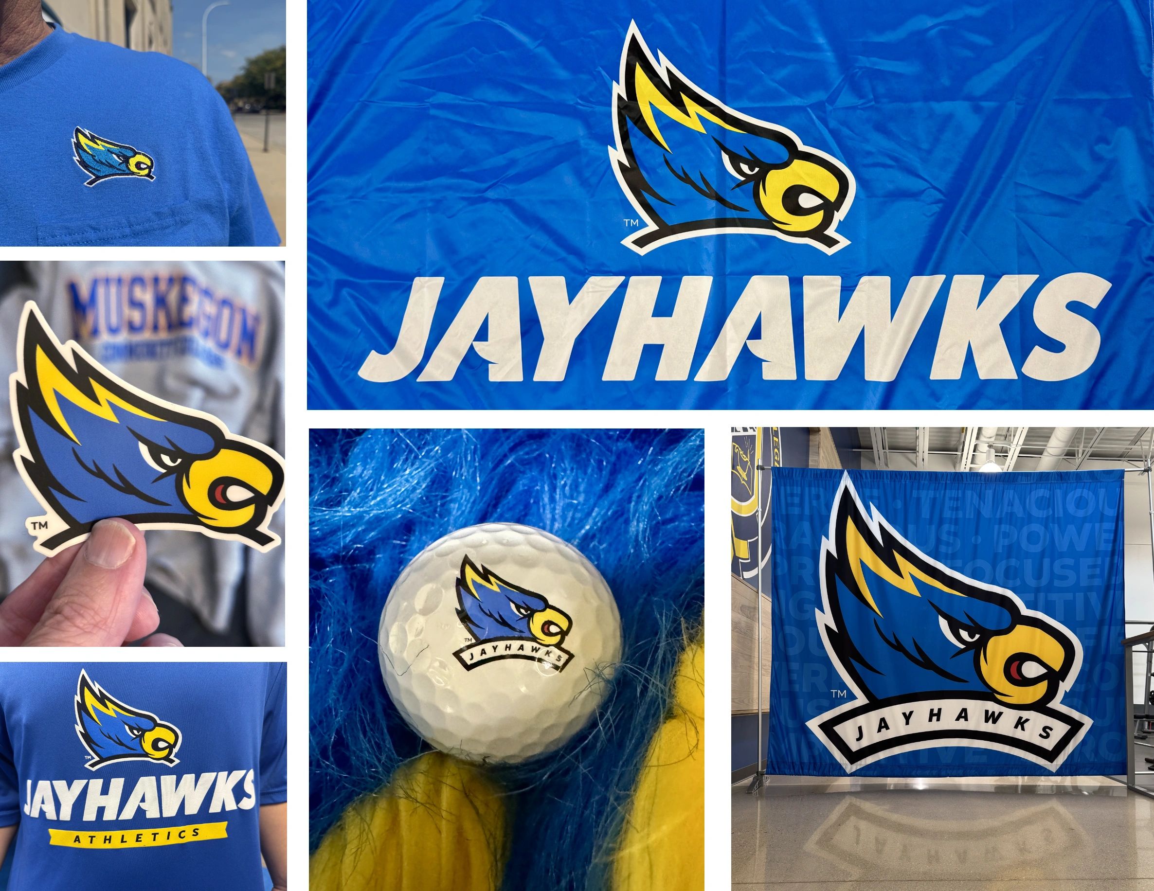 Muskegon Community College new Jayhawks logo, t-shirt, sticker, flag, golf ball, banner.