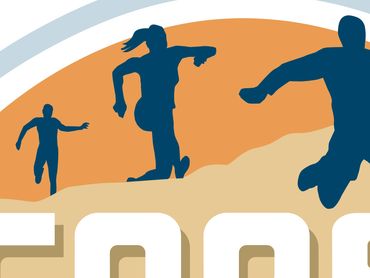 Silhouettes of people running against a colorful backdrop.