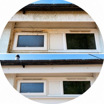 Before and after of cleaning including window, fascia, and soffit